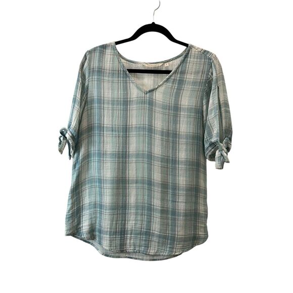 Soft Surroundings Plaid Blue Tie Cold Shoulder Short Sleeves Boho Top Womens M - Picture 1 of 11
